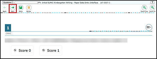 Data Entry Interface screen for paper data entry showing the first item to be scored with the Next button indicated.