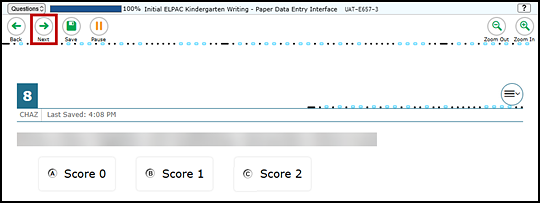 Data Entry Interface screen for paper data entry showing the last item to be scored with the Next button indicated.