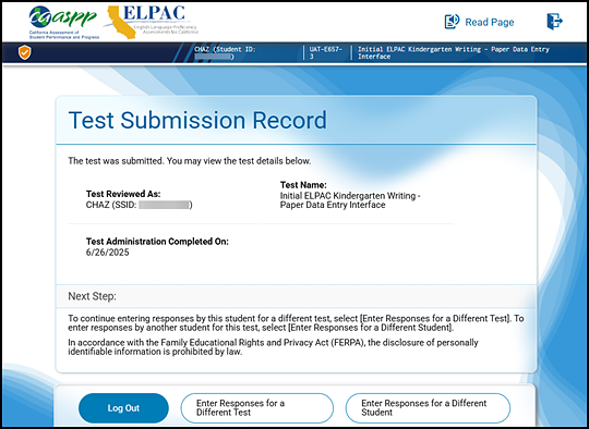 Test Submission Record screen with three buttons at the bottom: Log Out, Enter Responses for a Different Test, and Enter Responses for a Different Student.