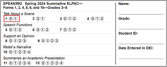 Sample Speaking domain student score sheet with item number one indicated.