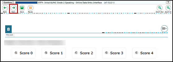 Data Entry Interface screen showing the last item to be scored with the Next button indicated.