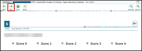 Data Entry Interface screen for paper data entry showing the last item to be scored with the Next button indicated.