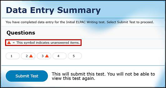 Data Entry Summary screen with the text indicating the triangle symbol equals unanswered items called out.