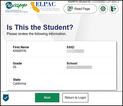 Is This the Student? screen showing student information and the Next and Return to Login buttons.