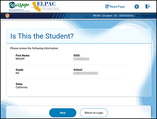 Is This the Student? screen showing student information and the Next and Return to Login buttons.