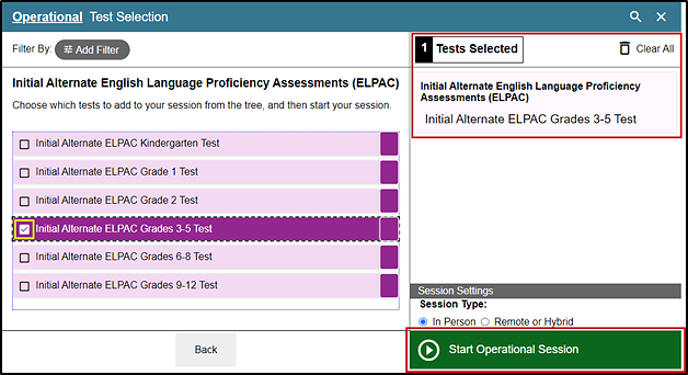 Operational Test Selection screen with the list of available items expanded with the marked checkbox, Tests Selected section and Start Operational Session button indicated.