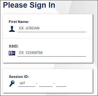 Student Sign In web form, which includes fields for the student's first name, SSID, and the test session ID.