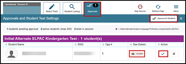 Approvals and Test Settings screen with the Approvals tab, Approve All Students button, View icon, and Approve check mark icon indicated.