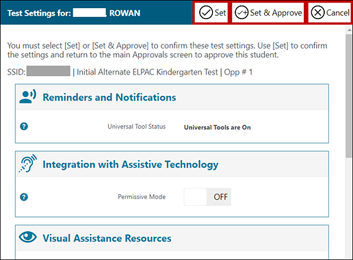 Test Settings screen for a selected student with the Set, Set & Approve, and Cancel buttons indicated.