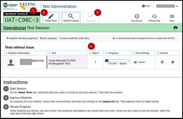Test Administrator Interface layout with callouts indicating the Session ID, Select Tests tab, Approvals tab, and the Tests without Issue table.