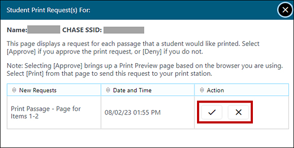 Student Print Request window with one item in the queue with the Approve and Deny icons indicated.