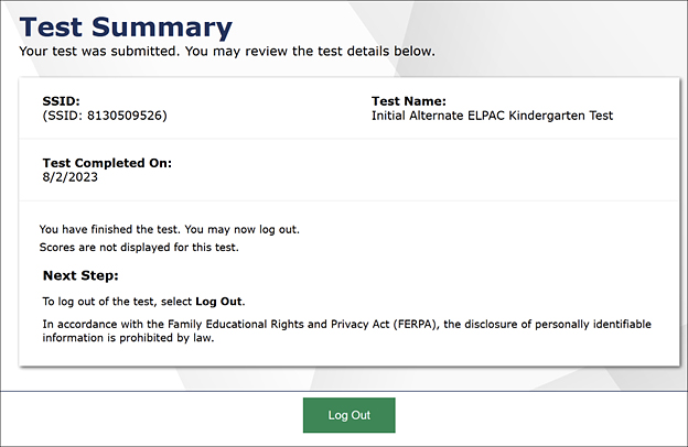 Test Summary page that reads, 'Your test was submitted. You may review the test details below.'