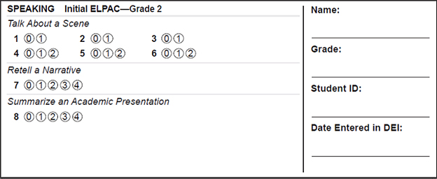 Initial ELPAC student score sheet—Speaking domain, grade two.