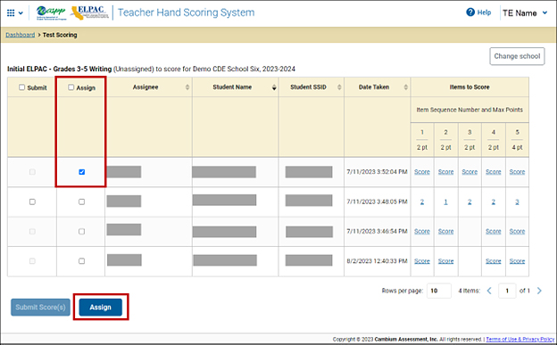 Test Scores screen with the Assign column, an Assign checkbox, and the Assign button indicated.