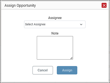 Assign Opportunity dialog box with the Select Assignee drop-down list, Note field, and Cancel and Assign buttons.