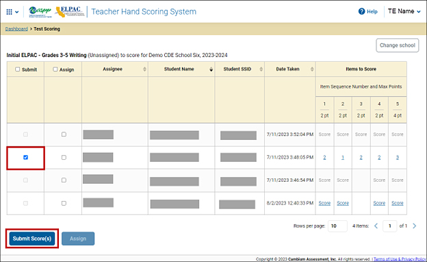 The Response List on the Test Scoring screen with the Submit checkbox and Submit Score(s) button indicated.