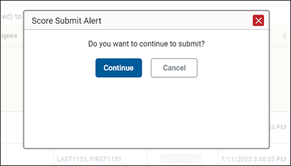 The Score Submit Alert message box that asks, Do you want to continue to submit?