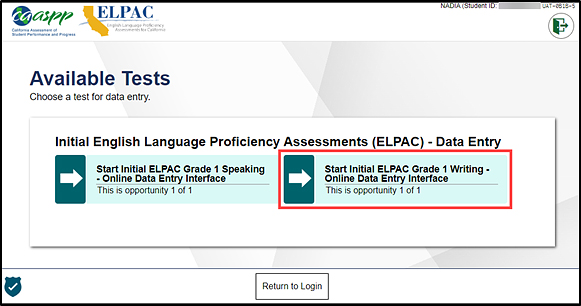 Available Tests screen with the Initial ELPAC Writing test selected for the student's applicable grade level or grade span