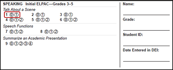 Sample Speaking domain student score sheet with item number one indicated
