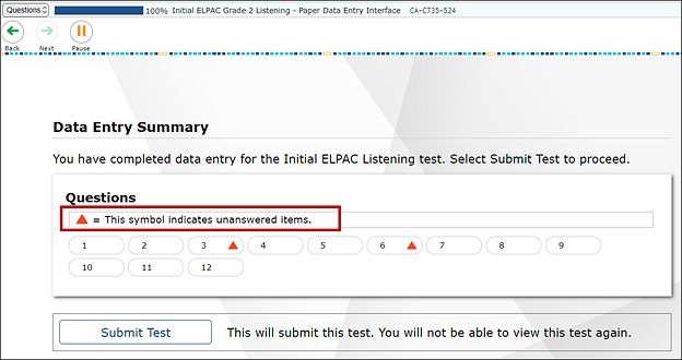 Data Entry Summary screen with the text indicating the triangle symbol equals unanswered items called out