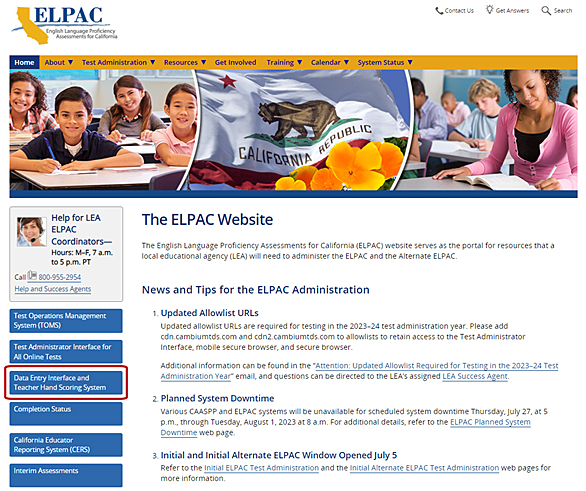Front page of the ELPAC website with the Data Entry Interface and Teacher Hand Scoring System button indicated