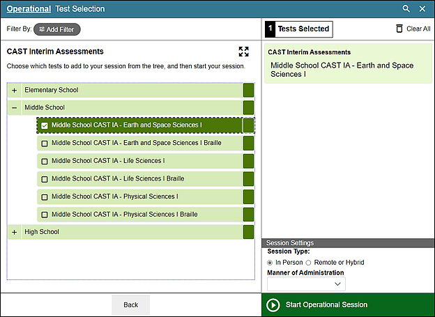 Operational Test Selection screen with Middle School CAST IA - Earth and Space Sciences selected, showing selected content area and grade level