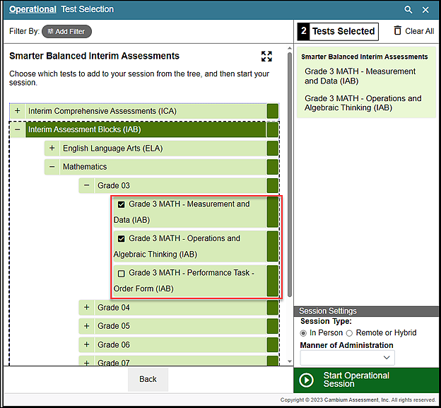Operational Test Selection screen with multiple tests selected