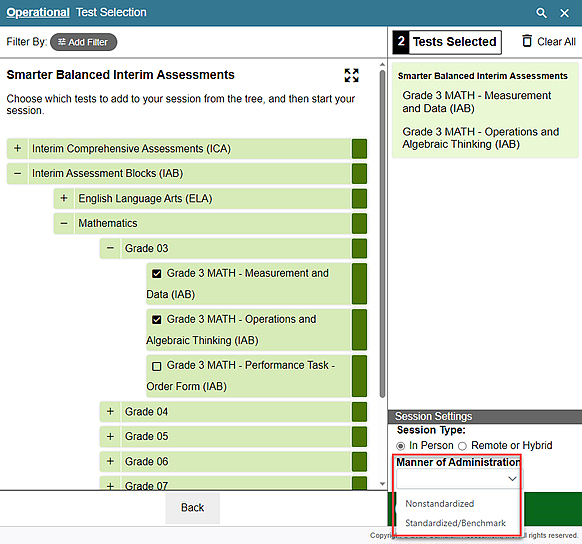 Operational Test Selection screen with the drop-down list called out; options include Nonstandardized and Standardized/Benchmark