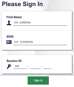 Please Sign In screen with fields for first name, SSID, and session ID