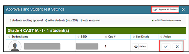 Approvals and Student Test Settings screen 