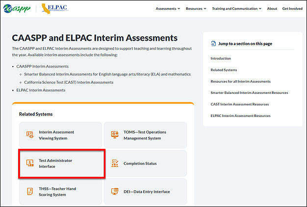 CAASPP & ELPAC Website with the Test Administrator Interface button called out.