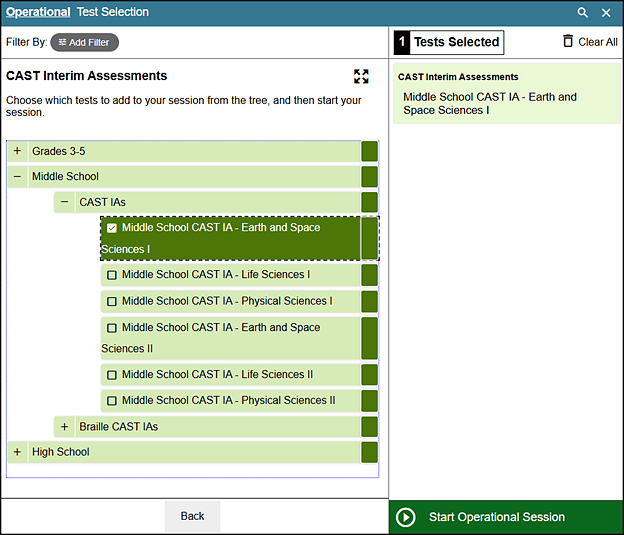 Operational Test Selection screen with Middle School CAST IA - Earth and Space Sciences I selected, showing selected content area and grade level.