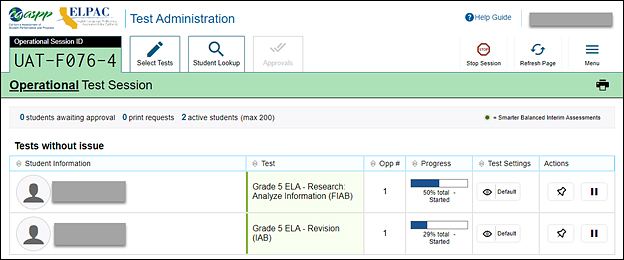 Students in Your Operational Test Session table.