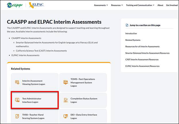 CAASPP & ELPAC Website with the Test Administrator Interface Logon button called out.