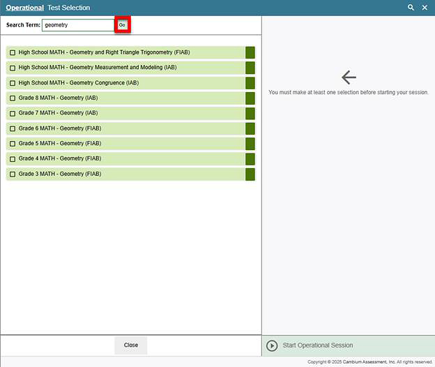 Sample search for Geometry assessments, with the Go button indicated.