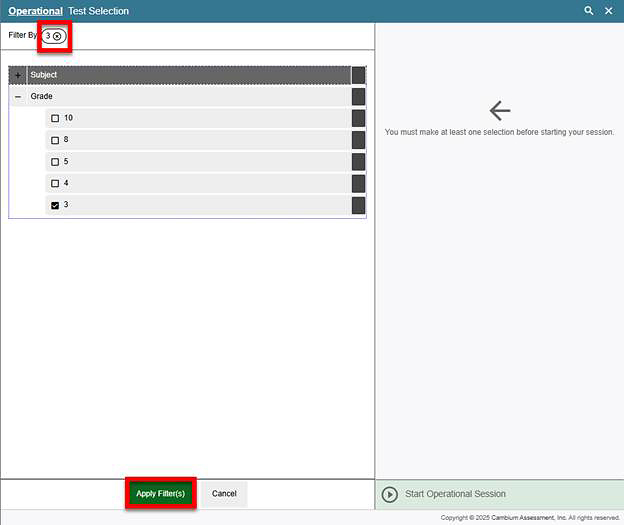 The filter panel, filtered for Grade 3, with the Remove Filter icon and the Apply Filter(s) button indicated.