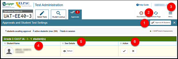 Approvals and Student Test Settings screen, with Approve All Students button, Refresh button, Done button, Student Name column, See Details, and Action called out; these are listed in table 1.
