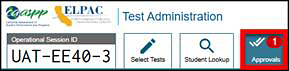Students Awaiting Approval portion of the Test Administrator Interface with the Approvals button called out.
