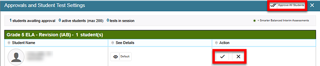 Approvals and Student Test Settings screen with the Approve and Deny buttons called out.