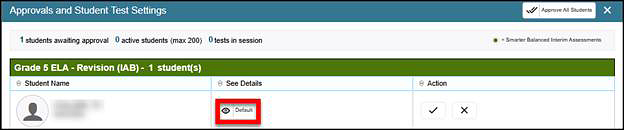 Approvals and Test Settings screen, with the View icon called out in the See Details column.