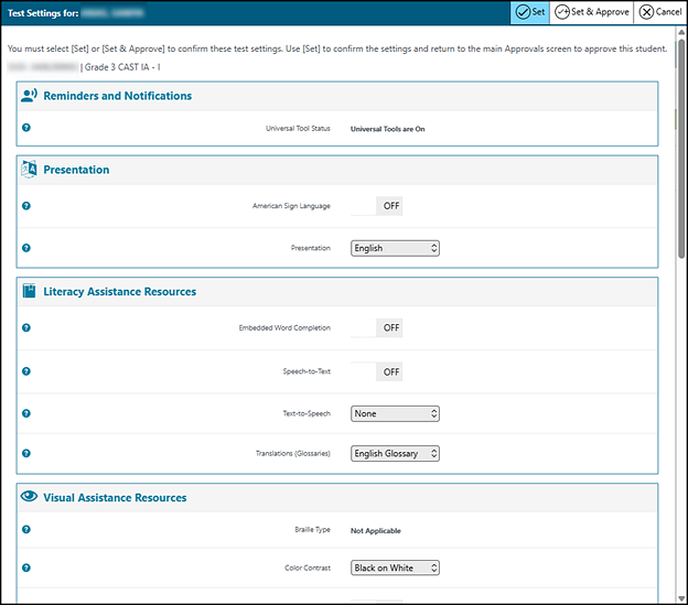 Test Settings screen for a sample student.