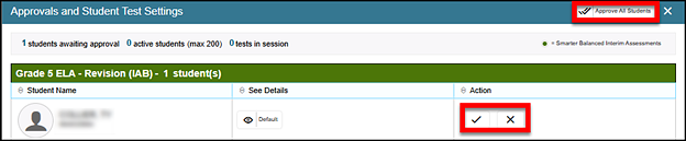 Approvals and Student Test Settings screen with the Approve and Deny buttons called out.