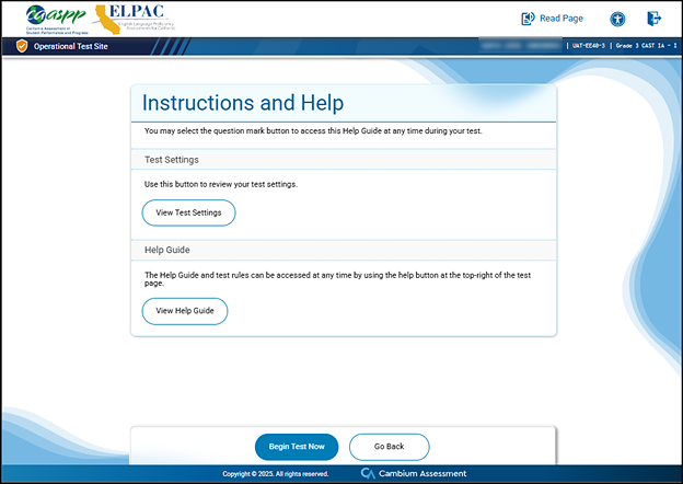 Instructions and Help screen.