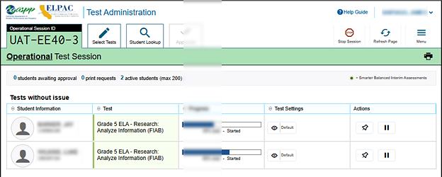 Students in Your Operational Test Session table.