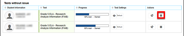 Operational Test Session table with the Pause Test button called out.