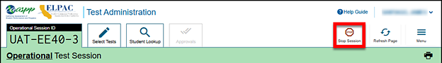 TA Interface Banner with Stop Session button called out.