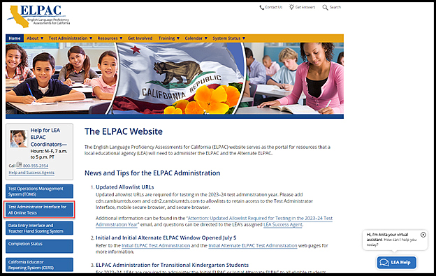 ELPAC website home page.