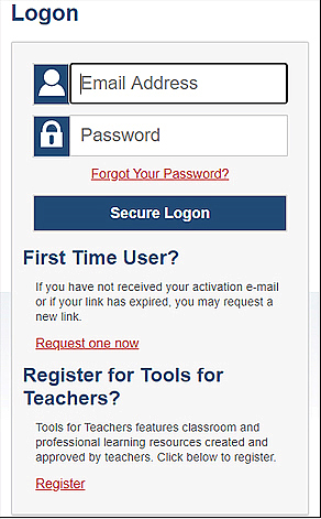 Logon screen with fields for email address and password as well as a Secure Logon button.