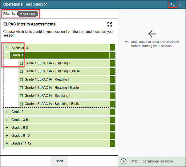 Operational Test Selection screen within the Test Administrator Interface, with the Add Filter button, plus and minus, and Search indicated. 