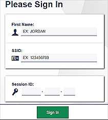 Please Sign In screen with fields for first name, SSID, and session ID, and Sign In button.